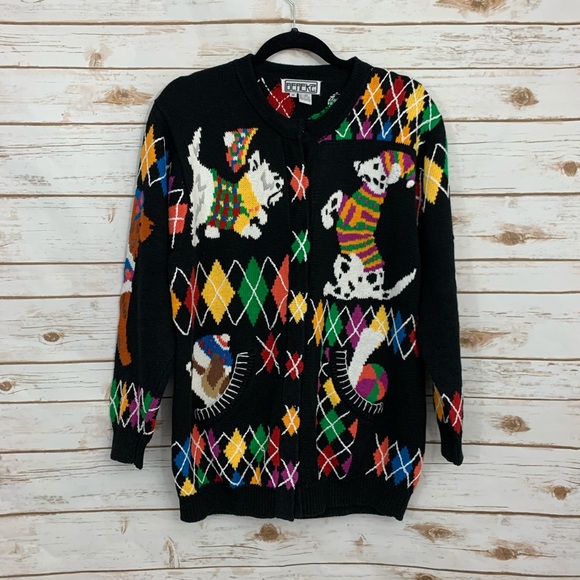 Berekz Sweaters - Vintage Chunky Dog Novelty Print Cardigan Sweater